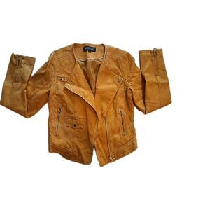 Members Only  Jacket Women's Washed Vegan Leather Yellow Moto Small Motorcycle